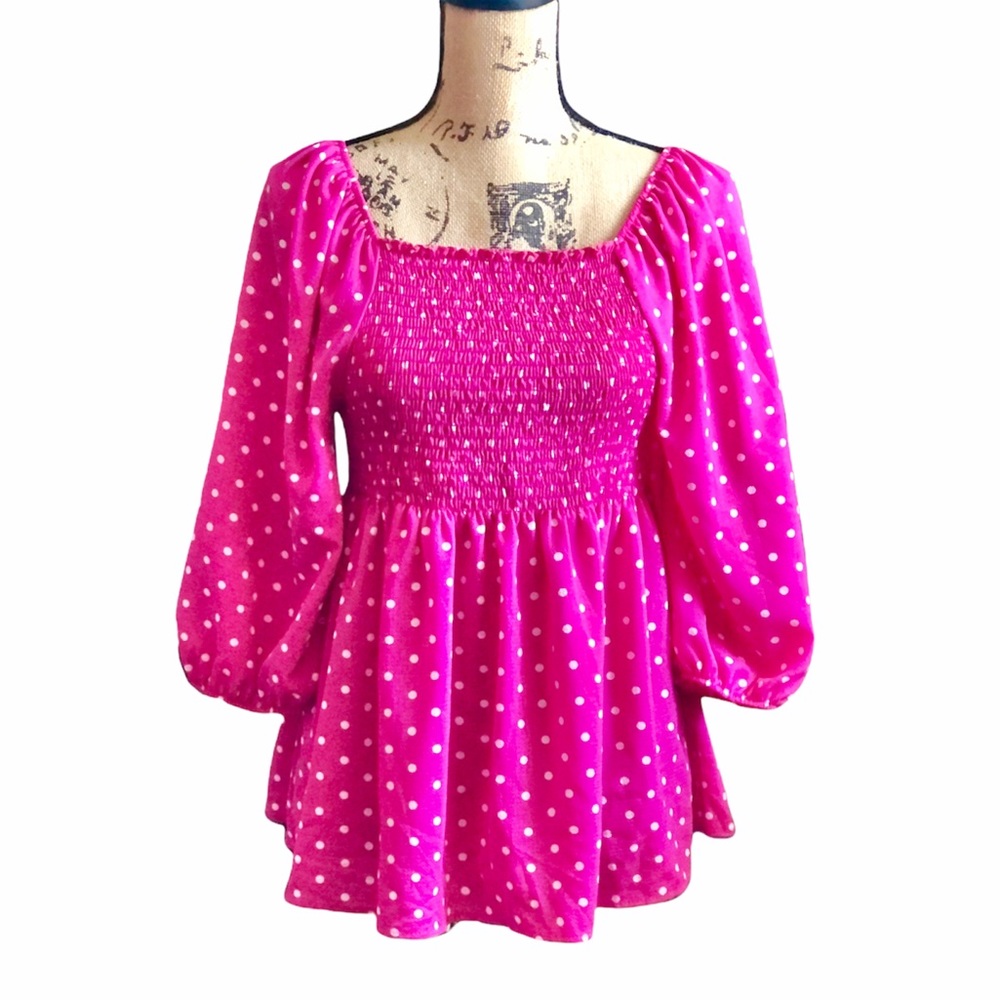 Hot pink polka dot peplum babydoll blouse